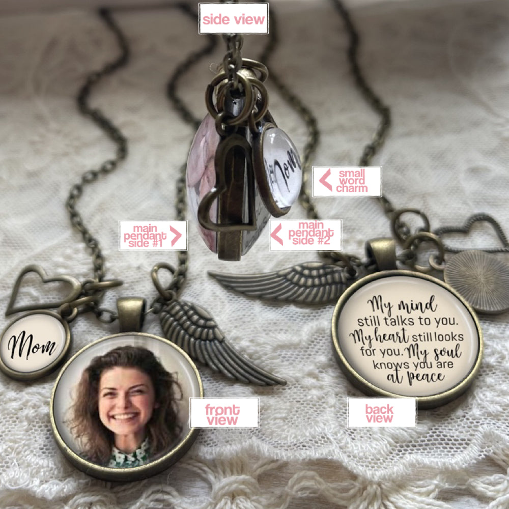 Custom Photo Necklace with Heart and Angel Wing Charms