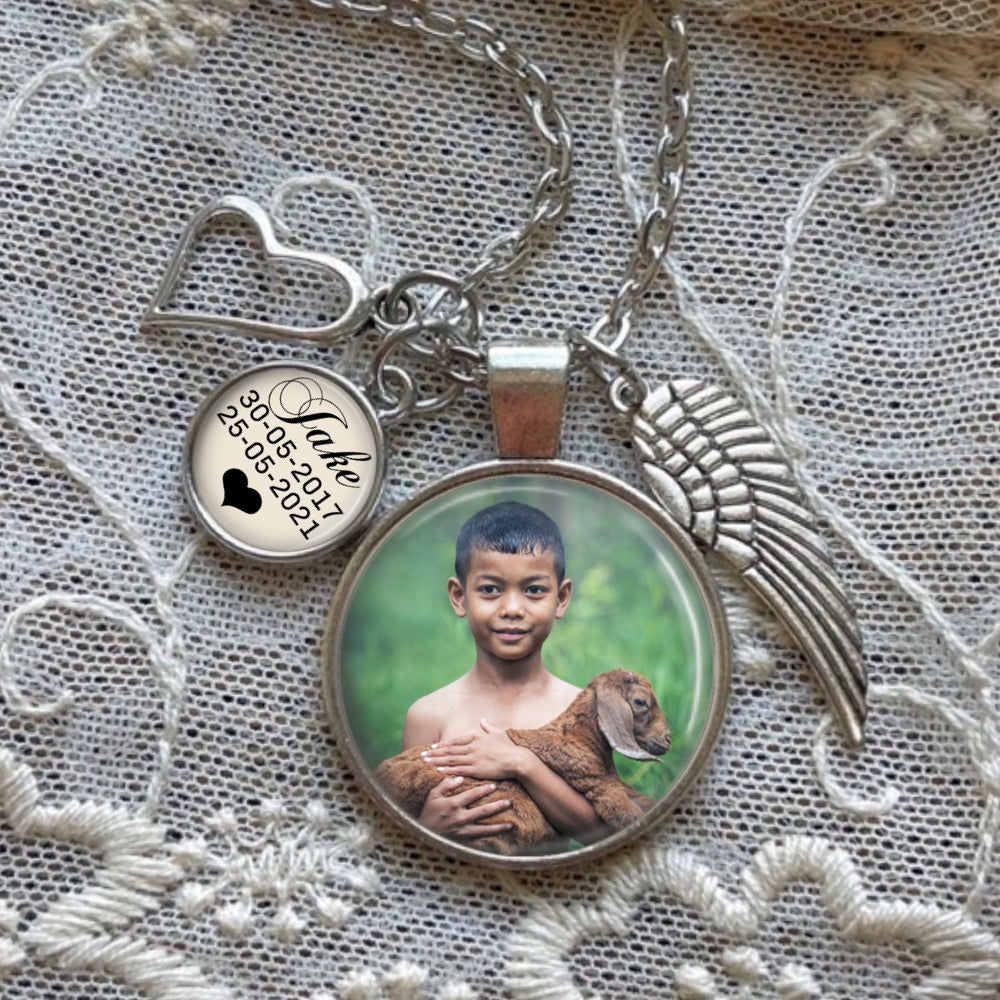 Custom photo pendant loss of child memorial necklace with words and charms. Loss of husband memorial gift. Loss of loved one bereavement gift.
