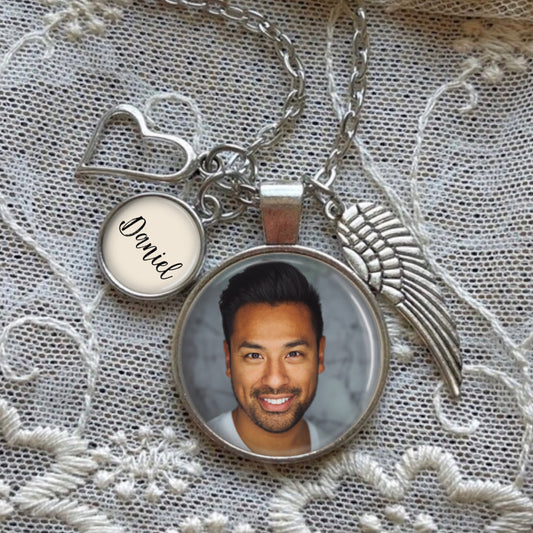 Custom photo pendant memorial necklace with words and charms. Loss of husband memorial gift. Loss of loved one bereavement gift.