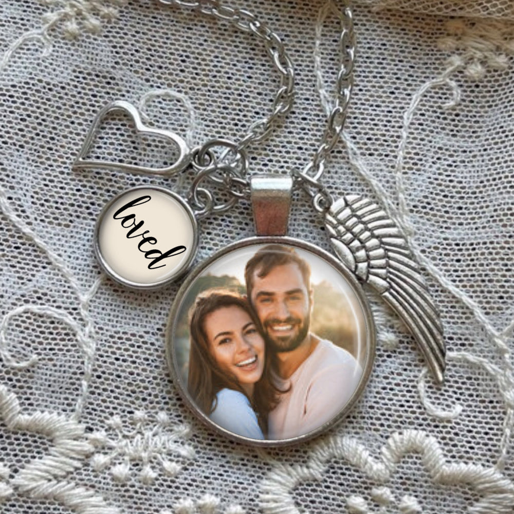 Custom photo pendant memorial necklace with words and charms. Loss of husband memorial gift. Loss of loved one bereavement gift.
